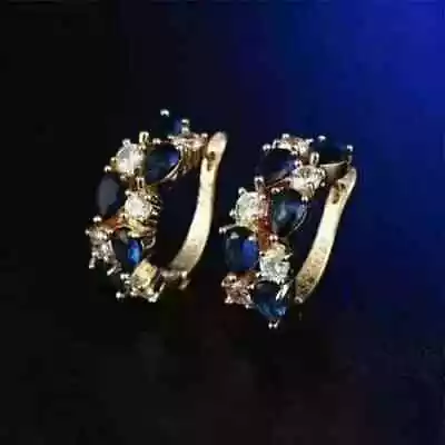 2Ct Pear Cut Sapphire Lab Created Diamond Hoop Earrings 14K Yellow Gold Plated! - Image 1 of 3
