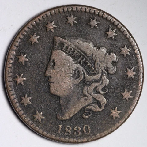 1830 Coronet Head Large Cent CHOICE VF E284 TCH Cover