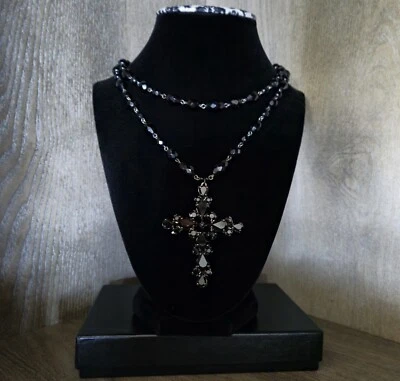 Collar Cruz Cristal Cuentas Negro Jet Diseñador NICKY BUTLER Doble Hilo🖤 Foto 1 de 4
