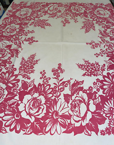 Vintage Tablecloth Beautiful 1930s 1940s Pink Roses Daisies 44 x 50 Cotton