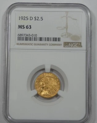 1925-D GOLD Indian Head $2.50 Quarter Eagle CERTIFIED NGC MS 63 - Image 1 of 4