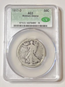 1917 D Obverse Walking Liberty Silver Half Dollar 50C CAC AG 3 - Picture 1 of 2
