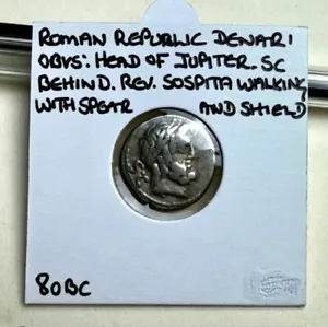 X329: Roman Silver Republic Denarius - SOSPITA WITH SPEAR - Old Collection Piece - Picture 1 of 3