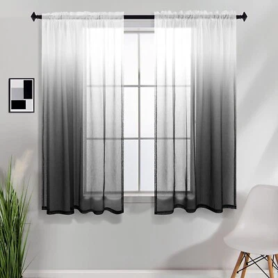 Koufall Size 42x45 Inch Black/White Sheer Ombre Short Curtains 2 Panels - Image 1 of 4