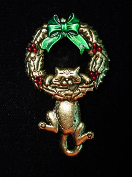 Prendedor "JJ" Joyería Jonette Antiguo Oro Peltre 'Gato Colgando de CORONA' Foto 1 de 1