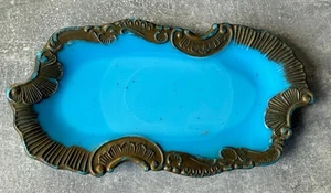 Dithridge &Co Blue Milk Glass Victorian Vanity Pin Tray Dish Gilded Antique - Picture 1 of 10