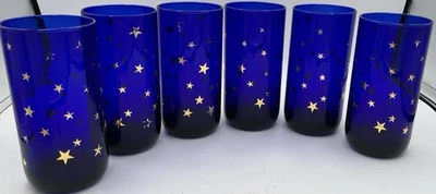 Juego de 6 Vasos Estrellas Celestiales Cobalto Azul Dorado. 16 oz. Foto 1 de 4
