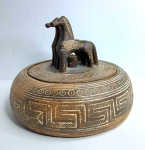 Griechische Tonschale zwei Pferde Deckel Dachboden geometrisch Pyxis Athen Museum Reproduktion - Bild 1 von 12