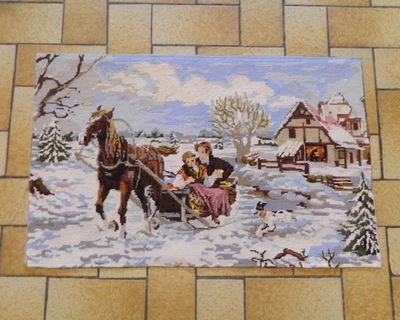 Vintage Tapisserie Traîneau Chevaux Hivernale Couple Romantique France 73x47 cm - Photo 1/3