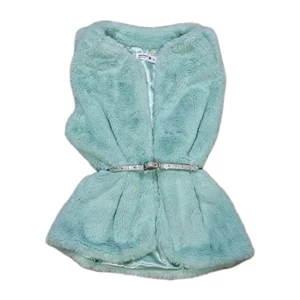 New Beautees Girl Aqua Teal Faux Fur Sleeveless Vest With Belt Sz M 10 12 - Picture 1 of 4