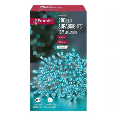 PREMIER 200 Turquoise LED Supabrights Christmas String Tree Lights 16M Lit Clear Cable