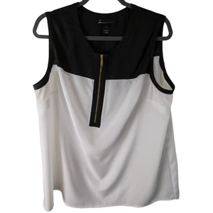 Lane Bryant Womens 16 Black White Blouse 3/4 Gold Front Zipper - Picture 1 of 10