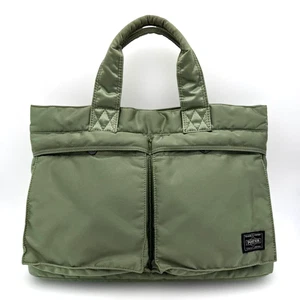 PORTER Tanker Tote Bag Sage Green W Pocket Yoshida Japan Lightweight Used - Picture 1 of 19