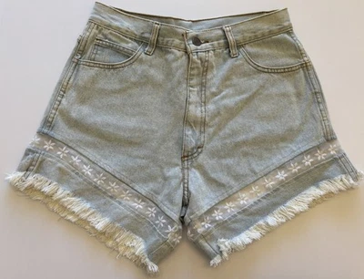 RARE VTG Fredrick’s Of Hollywood 13-14 Light Wash Denim Lace Floral Raw Short - Image 1 of 4
