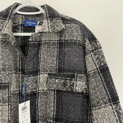 NUEVO CON ETIQUETAS Chaqueta Jack & Jones Roxbury Boucle Abotonada a Cuadros Gris Azul Mediana Foto 1 de 4