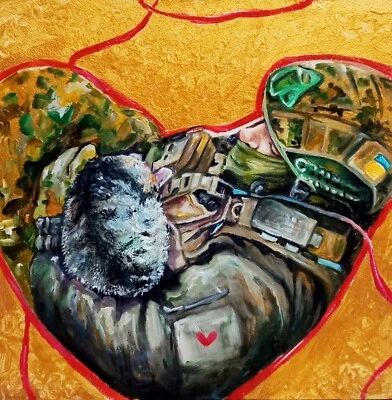 Pintura acrílica original: guerra na Ucrânia - soldado e gato, arte da foto - Imagem 1 de 4