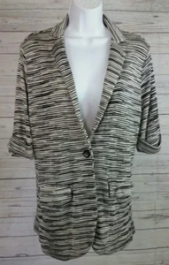Chico's Women's Cardigan Sz 2 Black White Striped Button Front Rayon Sweater B - Bild 1 von 9
