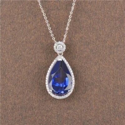 Colgante de mujer con halo de lágrima de 2,44 quilates con zafiro creado en laboratorio de pera de oro blanco de 14 quilates bien estado Foto 1 de 4