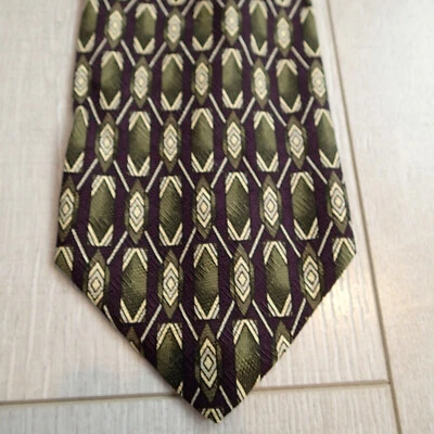 Bachrach Mens Tie Brown khaki green Geometric Silk 60" - Image 1 of 4