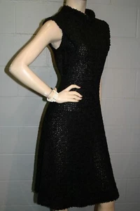 Sz M Vtg 60s Black Party Dress Ribbon Tannel KNIT Fit Flare Cocktail Evening - Picture 1 of 8