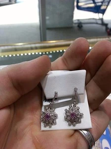 FINE WOMENS EARRINGS DIAMOND,PINK SAPPHIRE 14 KARAT WHITE GOLD NEW WOW - Picture 1 of 1