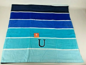 New 30" x 60" Cotton Blue Striped Bath Beach Towel - Monogrammed with Letter U - Picture 1 of 4