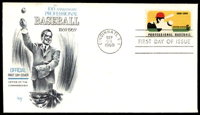 1969 Béisbol Profesional FDC 100 Aniversario del Béisbol Marg Cachet Foto 1 de 2
