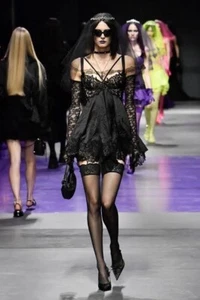 NWT $7,650 Versace Runway Black Lace Trim Satin Silk Mini Dress IT 40/US 4 - Picture 1 of 17