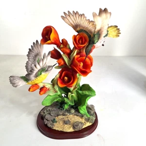 Statuary Hummingbirds Birds Habiscus Flowers on Wooden Base Figurine - Picture 1 of 8