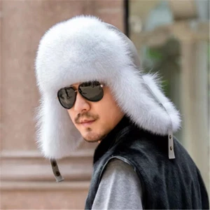Unisex Real Fox Fur Hat Russian Aviator Hat Warm Real Sheep Leather Trapper Hat - Picture 1 of 15