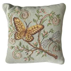 C&F Home Butterfly Floral Wool Needlepoint Throw Pillow Blue Green 13" Square - Picture 1 of 9
