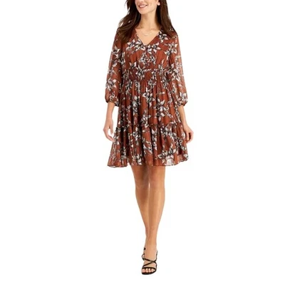 Just Taylor Brown Floral Bronze Metallic Thread Dress NWOT Size 6 - Image 1 of 4