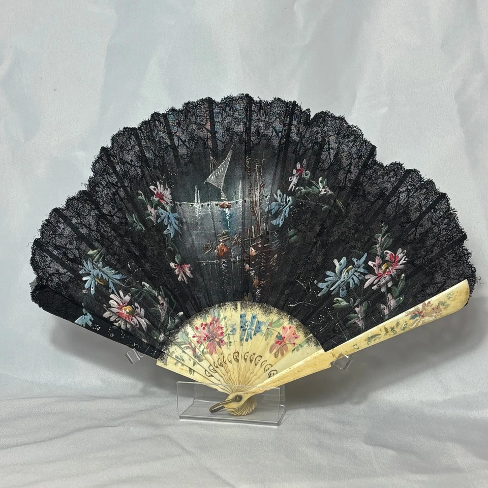 Antique Black Organdy Folding Fan Hand Painted Lace Edge Scalloped Balloon Shape - Image 1 of 4