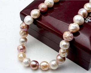 18"12-14mm Natural South Sea Genuine White Pink Purple Keshi Pearl Necklace - Picture 1 of 2