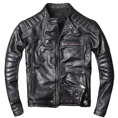 Café Racer Men's Biker Motorcycle Black Leather Jacket Genuine Soft Sheep skin - Image 1 of 4