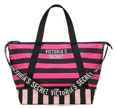 Victoria Secret Weekender Tote Bag Black Pink Bottom Zip Storage 17 1/2 x 8 x 13 - Image 1 of 4