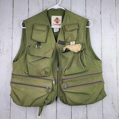 Chaleco de Pesca Columbia Vintage Medio Verde Oliva Cremallera Frontal Sherpa Bolsillo Foto 1 de 4