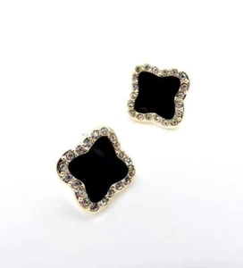 EXQUISITE 18kt Gold Plated Crystals Black Onyx Quatrefoil Clover Flower Earrings - Picture 1 of 5