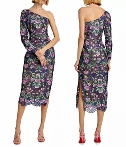 Marchesa Notte Alexis Floral Embroidered Long Sleeve One-Shoulder Dress  4  $795 - Picture 1 of 22