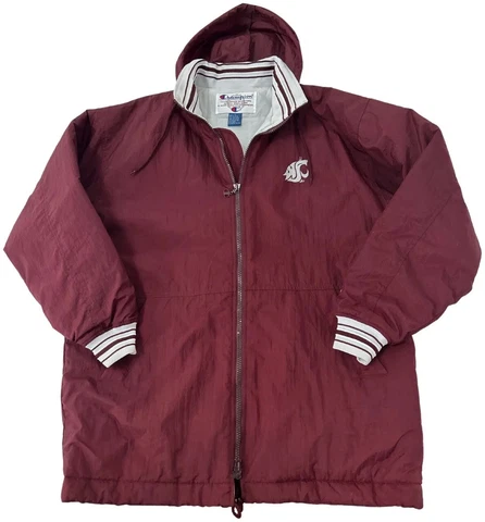 CHAMPION WSU COUGARS HOODED COAT LARGE MAROON WHITE COUGARS POCKETS WARM CLASSIC Cover