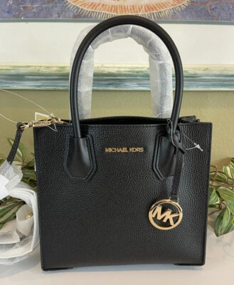 MICHAEL KORS MERCER MEDIUM SMALL MESSENGER CROSSBODY BAG MK BLACK LEATHER GOLD - Image 1 of 4