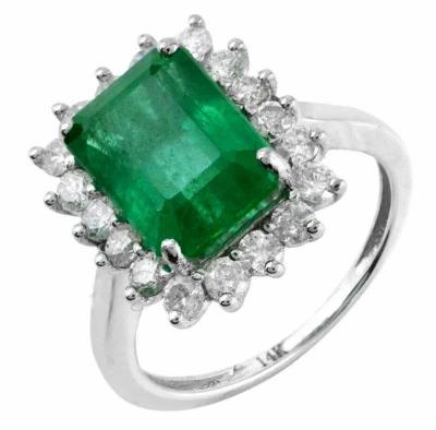 0.54ct Natürlich Rund Diamant 14K Massiv Weißgold Smaragd Hochzeit Cocktail Ring - Bild 1 von 3