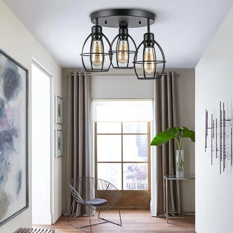 3-Light Ceiling Light Industrial Caged Semi Flush Mount Farmhouse Metal Lamp USA Cover