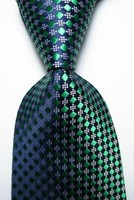 New Classic Checks Dark Blue Green White JACQUARD WOVEN Silk Men's Tie Necktie