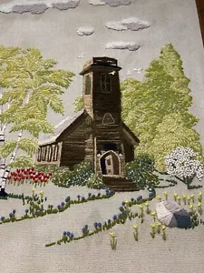 Framed Handmade Crewel 21” Needlepoint Church Manor House Hall Yarn Art - Picture 1 of 8