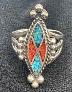 Silver Tone Ring CORAL & TURQUOISE Inlay Ring Size 8.5 - Picture 1 of 9