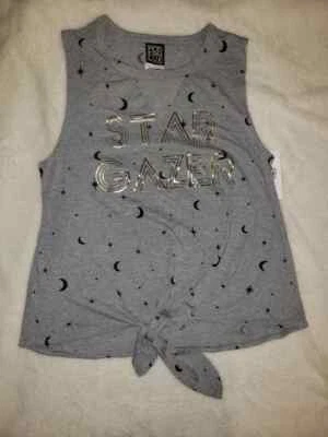 Modern Lux Women's Star Gazer Gray Tank Top w Neck Cut Out & Belly Tie S — 第 1/3 张图片