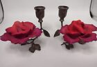 2 Capodimonte Red  Embossed Metal Stem Flower Figurine Candle Holder Italy Pair