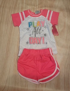 Toddler Girls ATHLETIC T-SHIRT, SHORTS Pink White "PLAY ALL DAY" Glitter 2T - Picture 1 of 7