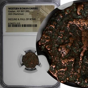 WESTERN ROMAN  Gratian 367-383 Nummus AE3 Rev-Emperor dragging captive NGC (215) - Picture 1 of 4